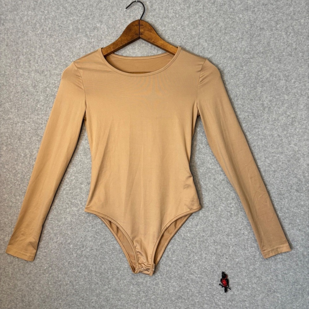 Shein Women's XS Bodysuit Nude Beige Long Sleeve Snap Crotch Basic Minimalist